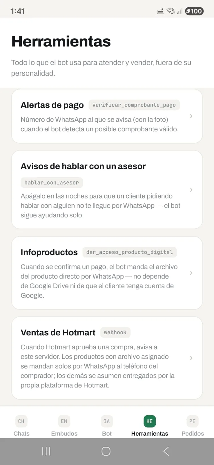 Captura real de la pantalla Herramientas de la app Kuribot
